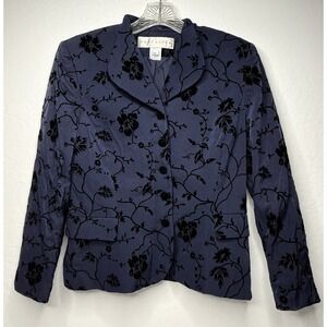 Vintage DONCASTER Blazer Jacket Womens Size 8P Blue Velvet Floral Business USA